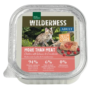 Aluschale Katzenfutter 'Real Nature WILDERNESS' — Adult, Jelly Core; 'More Than Meat' Huhn mit Lachs & Cranberries.