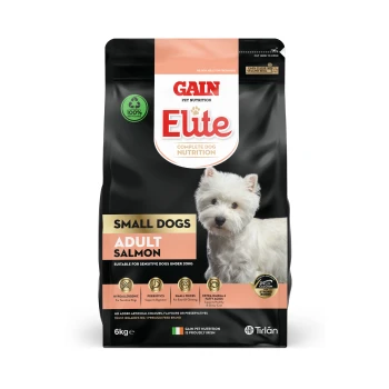 6kg bag of Gain Elite dog food for small adult dogs with salmon, featuring a white dog and labels for hypoallergenic and omega-3.