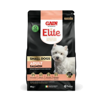 6kg bag of Gain Elite dog food for small adult dogs with salmon, featuring a white dog and labels for hypoallergenic and omega-3.