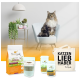Eine Maine Coon Katze sitzt auf einem weißen Stuhl mit Haustierprodukten: Hundefutter, ein grünes Supplement, Gesundheitsgläser und eine Tragetasche.