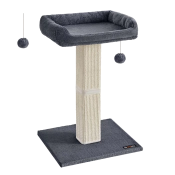 Grau Katzenbaum mit einem plüschigen oberen Platz, sisalummanteltem Pfosten und baumelnden Pompons zum Spielen.
