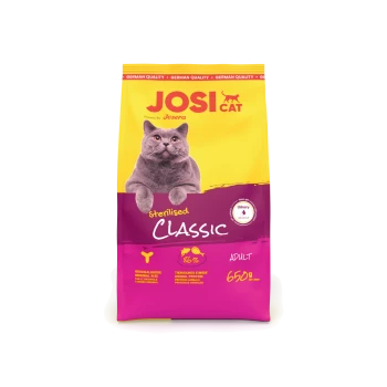Katzenfutterbeutel mit einer grauen Katze, beschriftet "JOSICAT Sterilised Classic," 650g, mit 86% tierischem Protein und Vorteilen für die Harnwegsgesundheit.
