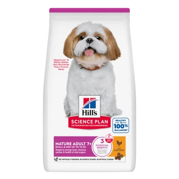Hill's Science Plan Hundefuttersack mit kleinem weiß-braunem Hund; 'Mature Adult 7+ Small & Mini' und 'mit Huhn'.