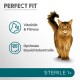 Eine flauschige braune Katze auf einem weißen Hintergrund mit "PERFECT FIT", "Vitalität & Fitness", "Optimale Gewichtskontrolle" und "STERILE 1+."