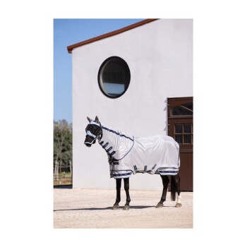 Ein Pferd, das eine hellgraue Schutzdecke mit blauen Akzenten trägt, steht vor einem Stall und zeigt seinen schlanken Körperbau und seine aufmerksame Haltung.