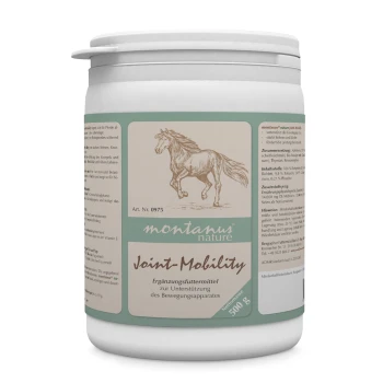 Behälter mit "Montanus Nature Joint Mobility" Ergänzungsmittel für Pferde, 500g, mit einer laufenden Pferdeillustration und deutschen Anwendungsdetails.