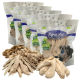 Lyra Pet Nature Power Hundeleckerlis: fünf Tüten, Haufen getrockneter Hühnerstreifen und -würfel; Verpackung zeigt zwei Hunde.