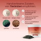 PFERDEGOLD Mangan‑Eimer und Pellets mit Zutatenabbildungen; Überschrift: „Handverlesene Zutaten, von Tierärzten empfohlen.“