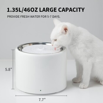 Weiße Katze trinkt aus einem 1,35L/46oz weißen Haustier-Wasserspender mit den Maßen 5,8" Höhe und 7,7" Breite.