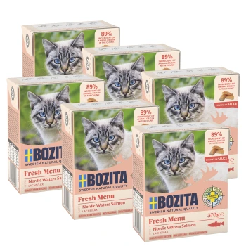 Sześć pudełek karmy dla kotów Bozita Fresh Menu, z kotem na opakowaniu, oznaczone 'Nordic Waters Salmon', z 89% składników pochodzenia zwierzęcego.