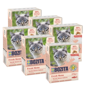 Six boîtes de nourriture pour chat Bozita Fresh Menu, avec un chat sur l'emballage, étiquetées "Nordic Waters Salmon," avec 89% d'ingrédients d'origine animale.