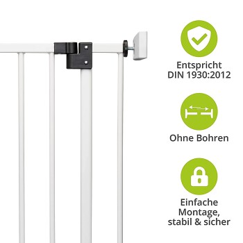 Weißes Haustiersicherheitsgitter mit schwarzem Scharnier, mit Icons für die Einhaltung von DIN 1930:2012, ohne Bohren und einfache Installation.