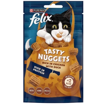 Pack of Purina Felix Tasty Nuggets cat treats, rich in chicken with duck, high in protein, featuring a blue background and images of nuggets.