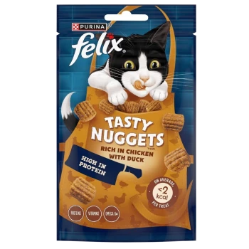 Pack of Purina Felix Tasty Nuggets cat treats, rich in chicken with duck, high in protein, featuring a blue background and images of nuggets.