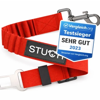 Rote Haustier-Sicherheitsgurt-Leine mit einem Metallclip und einem schwarzen Etikett, auf dem "STUCH" steht.