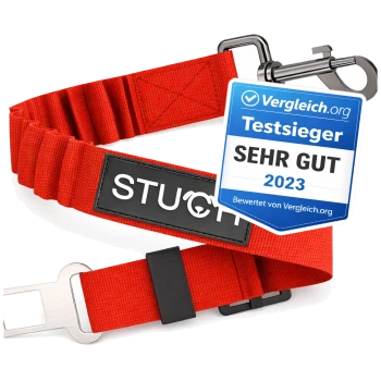 Rote Haustier-Sicherheitsgurt-Leine mit einem Metallclip und einem schwarzen Etikett, auf dem "STUCH" steht.