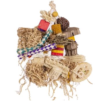 Buntes Haustier-Kauspielzeug aus verschiedenen natürlichen Materialien, einschließlich gewebter Fasern, Holz und Papier, entworfen für verspielte Haustiere.