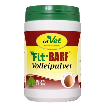 Behälter cdVet Fit-BARF Volleipulver natürliches Eipulver für Haustiere mit grünem Deckel und 100 % Natur-Label.