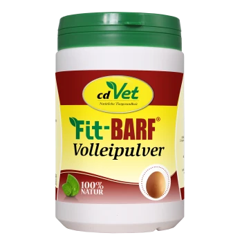 Behälter cdVet Fit-BARF Volleipulver natürliches Eipulver für Haustiere mit grünem Deckel und 100 % Natur-Label.