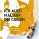 Ein schlafender Welpe auf einem weißen Kissen mit einem gelben Zitronenhintergrund. Text: "Darf ich mich zu dir auf die Couch gesellen für mehr Kuschelzeit?"