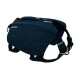 Ein blauer Hunderrucksack mit reflektierenden Riemen und einem oberen Griff, mit dem Logo "RUFFWEAR" auf der Vorderseite.