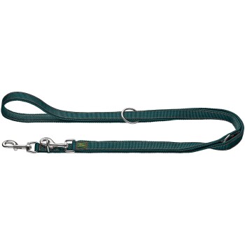 Türkisfarbene Nylon-Hundeleine mit gepolstertem Handschlaufe, metallischem Drehkarabiner und O-Ring, kleinem rechteckigem Etikett mit gelbem Text.