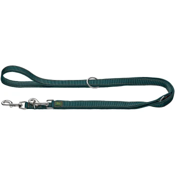 Verstellbare Führleine MALDON 3.0 petrol 1,5 cm Türkisfarbene Nylon-Hundeleine mit gepolstertem Handschlaufe, metallischem Drehkarabiner und O-Ring, kleinem rechteckigem Etikett mit gelbem Text.