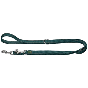 Türkisfarbene Nylon-Hundeleine mit gepolstertem Handschlaufe, metallischem Drehkarabiner und O-Ring, kleinem rechteckigem Etikett mit gelbem Text.