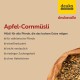 Apfel-Cornmüsli für Pferde, präsentiert in einer braunen Papiertüte mit Müsli-Zutaten und Text, der seine Vorteile hervorhebt: wenig Zucker, leicht verdaulich.