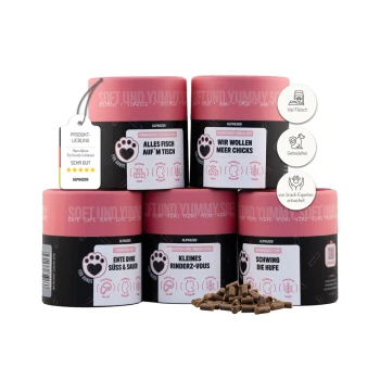 Probierset Leckerli Hund I Bundle Sechs bunte ALPHAZOO Tierfutterdosen, die Fisch-, Enten- und Hühnchen-Geschmäcker zeigen und betonen, dass sie getreidefrei und mit hohem Fleischanteil sind.