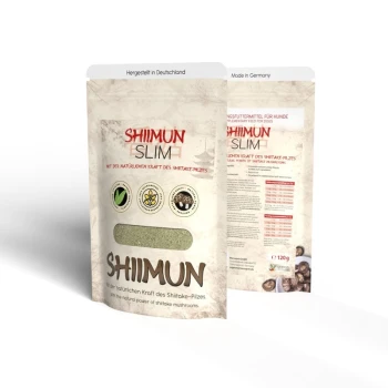 Die Verpackung des "Shiimun Slim" Haustierzusatzes mit grünem Pulver, Icons für natürliche Zutaten und Text über die Vorteile von Shiitake-Pilzen.