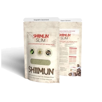 Die Verpackung des "Shiimun Slim" Haustierzusatzes mit grünem Pulver, Icons für natürliche Zutaten und Text über die Vorteile von Shiitake-Pilzen.