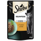 Sachet de nourriture pour chat Sheba Delikatesse présentant un chat gris et un bol de viande en gelée, étiqueté "mit Truthahn à la dinde," 85g.