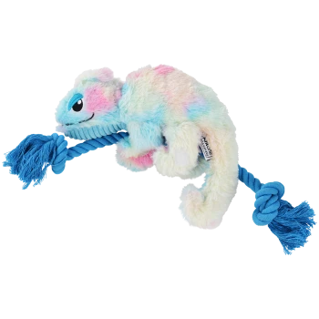 Colorful plush pet toy shaped like a chameleon, featuring a blue rope with tassels for tugging.