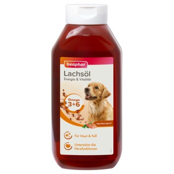 Beaphar zalmolie honden supplement met Omega 3+6 voor energie, vitaliteit, huid, vacht en hartondersteuning.