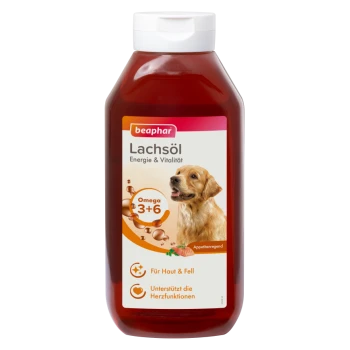 Complément alimentaire Beaphar à l’huile de saumon pour chiens avec Oméga 3+6 pour l’énergie, la vitalité, la peau, le pelage et le soutien du cœur.