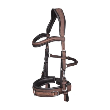 Braunes und schwarzes Leder-Haustiergeschirr mit verstellbaren Riemen und Metallschnallen, entworfen für Komfort und Kontrolle.