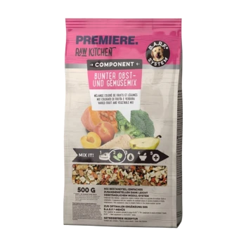 Eine 500g Tüte Premiere Raw Kitchen Bunter Obst- und Gemüsemix, die eine lebendige Mischung aus Früchten und Gemüse mit "Mix It!" Anweisungen zeigt.