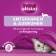 Die Verpackung von Whiskas Katzenfutter zeigt eine entspannte graue Katze unter einer lila Decke mit dem Text "ENTSPANNEN & AUSRUHEN."