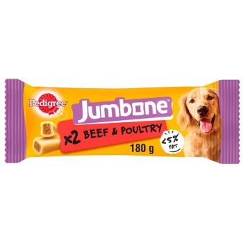 Pedigree Jumbone dog treats packaging, featuring "x2 Beef & Poultry" text, 180g weight, and "<5% fat" label.