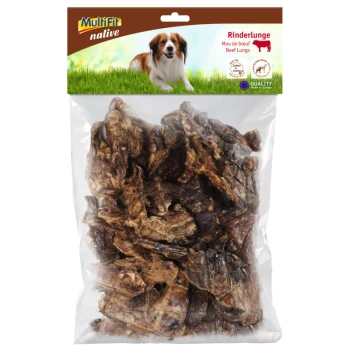 native Rinderlunge 250g Eine durchsichtige Plastiktüte gefüllt mit getrockneten Rinderlungen-Leckerlis für Hunde, mit der Aufschrift "Rinderlunge" und einem Qualitätssiegel, hergestellt in Europa.