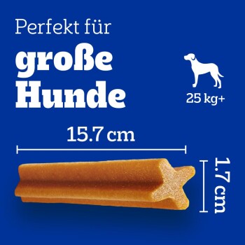 Hundeleckerli für große Hunde, 15,7 cm lang und 1,7 cm breit, mit dem Text "Perfekt für große Hunde" und einer Gewichtsanzeige von 25 kg+.