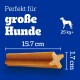 Hundeleckerli für große Hunde, 15,7 cm lang und 1,7 cm breit, mit dem Text "Perfekt für große Hunde" und einer Gewichtsanzeige von 25 kg+.