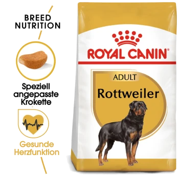 Royal Canin Rottweiler Adult Hundefutterbeutel, mit einem Rottweiler-Bild, und Text, der die Rassenernährung und Herzgesundheit hervorhebt.