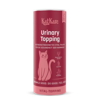 Rosa KatKare 'Urinary Topping'-Dose, Katzenergänzungsprodukt mit Katzenillustration und 'Vital-Topping'-Label.