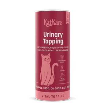 Rosa KatKare 'Urinary Topping'-Dose, Katzenergänzungsprodukt mit Katzenillustration und 'Vital-Topping'-Label.