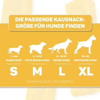 Infografik mit Empfehlungen zur Größe von Hundesnacks: Klein (1-8 kg), Mittel (6-14 kg), Groß (12-20 kg), Extra Groß (20+ kg).