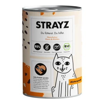Dose STRAYZ Nassfutter für Katzen mit Ente und Kürbis. Hervorhebung: 95% Fleisch, getreidefrei, biologisch und unterstützt streunende Katzen.