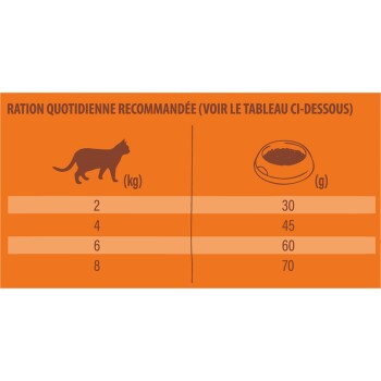 Guide de nutrition quotidien pour les chats, montrant les quantités de nourriture recommandées en grammes en fonction du poids du chat en kilogrammes.