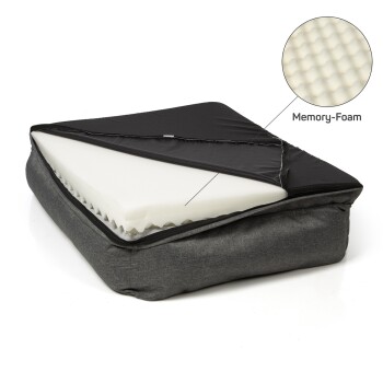 Hundebett aus Memory-Schaum mit einem abnehmbaren schwarzen Bezug, das das weiße Memory-Schaum-Innere und seine strukturierte Oberfläche zeigt.